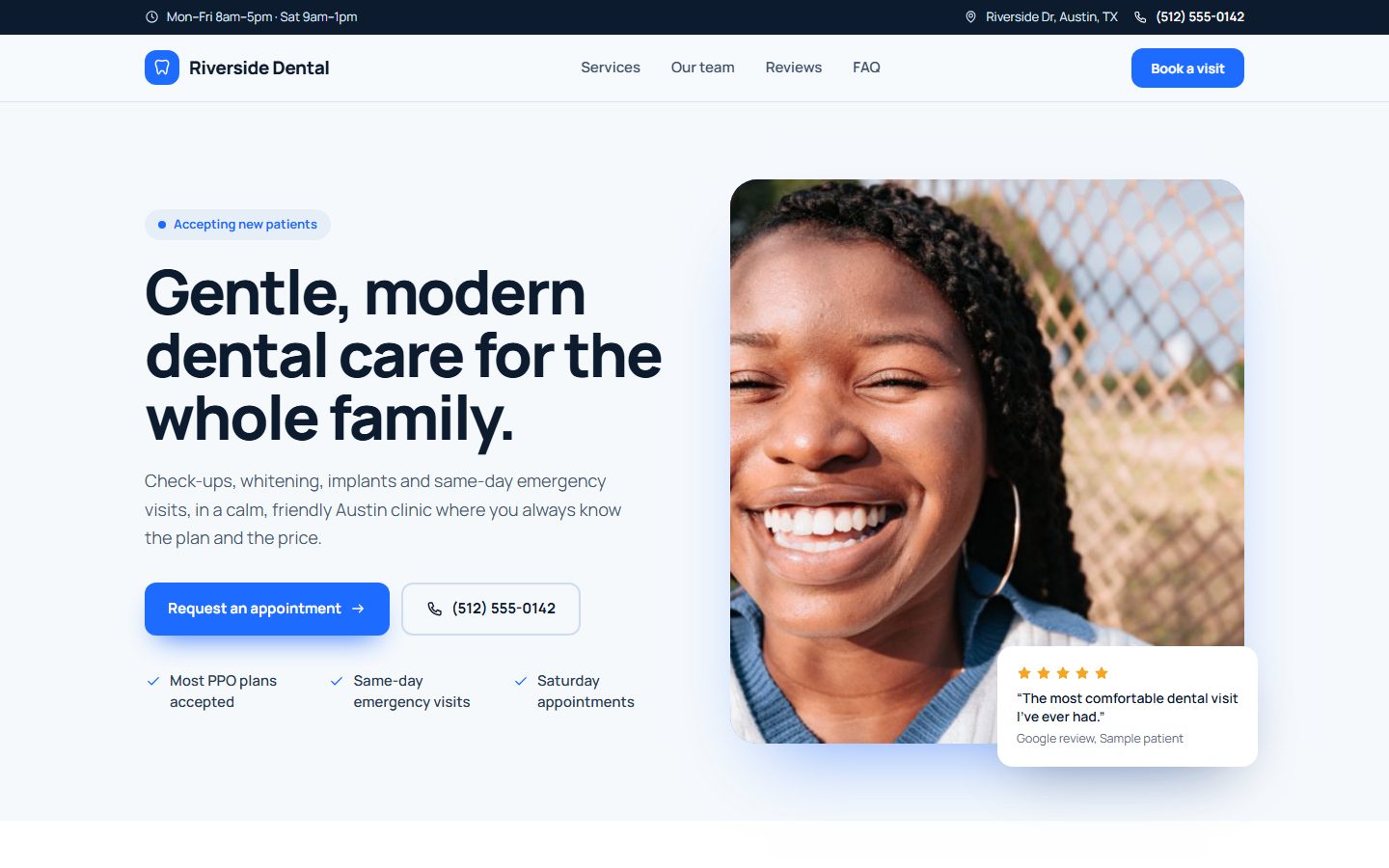 Riverside Dental, sample dental clinic website