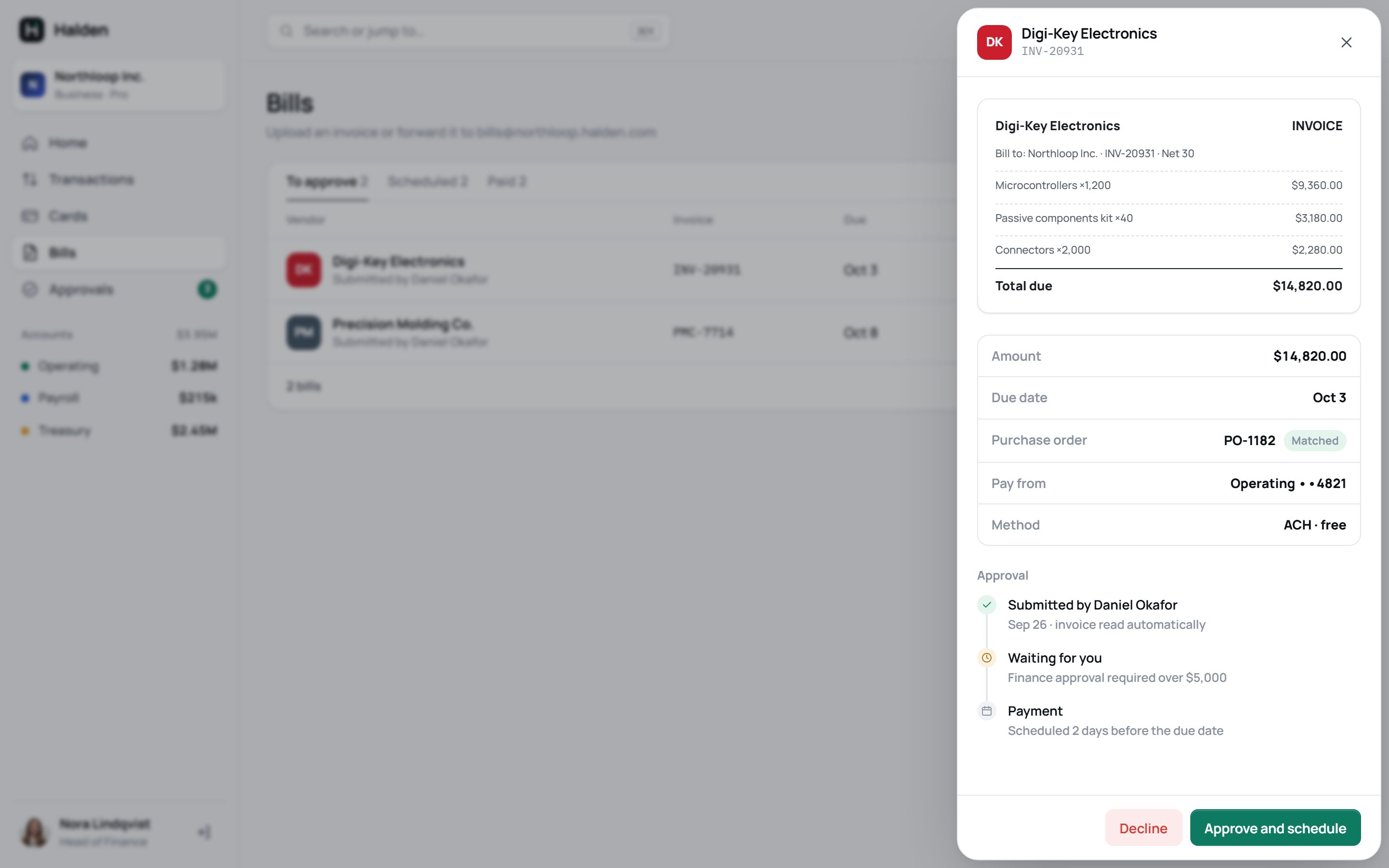 Bill detail with invoice, PO match and approval timeline