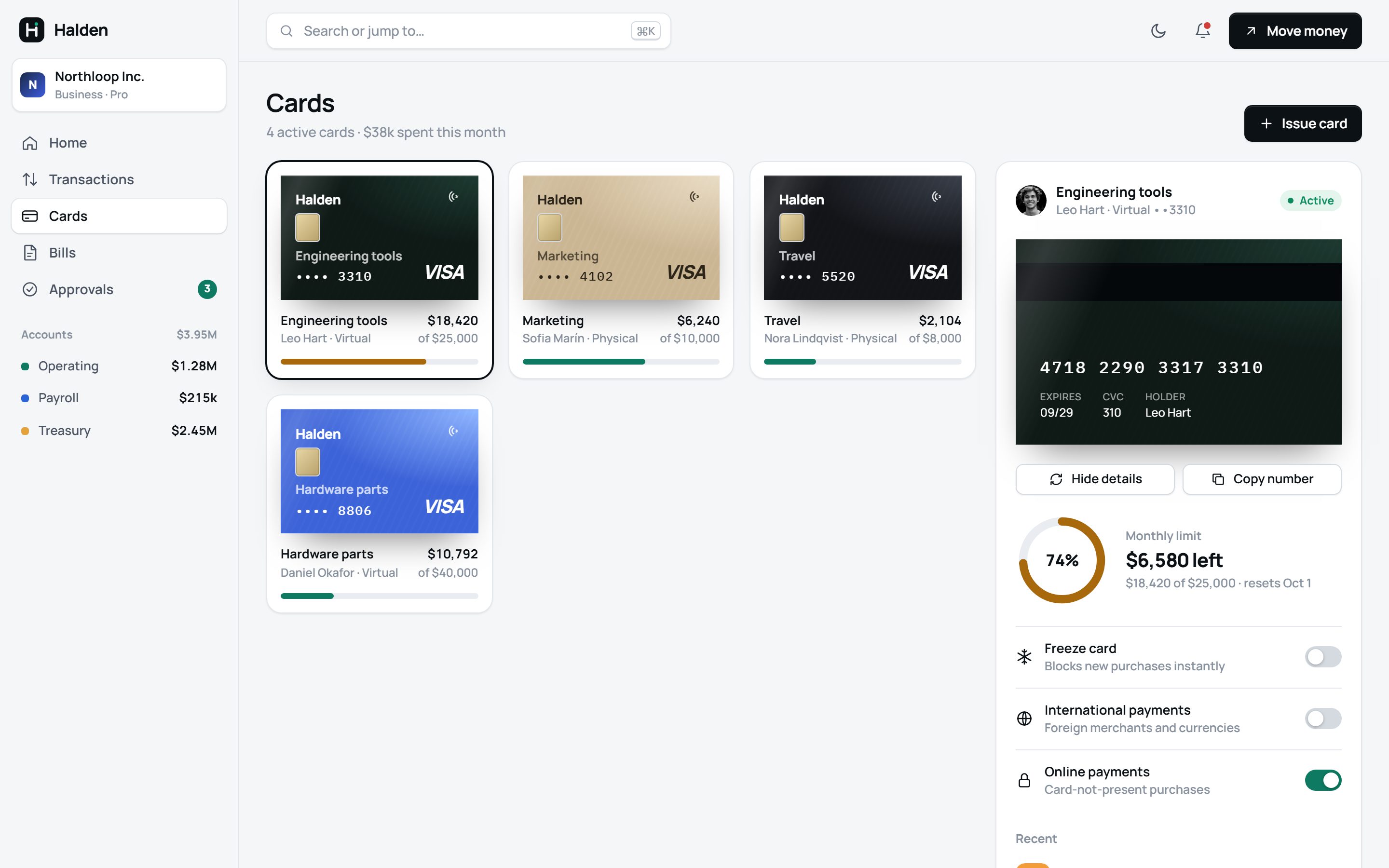 Card management with limit ring and card details revealed