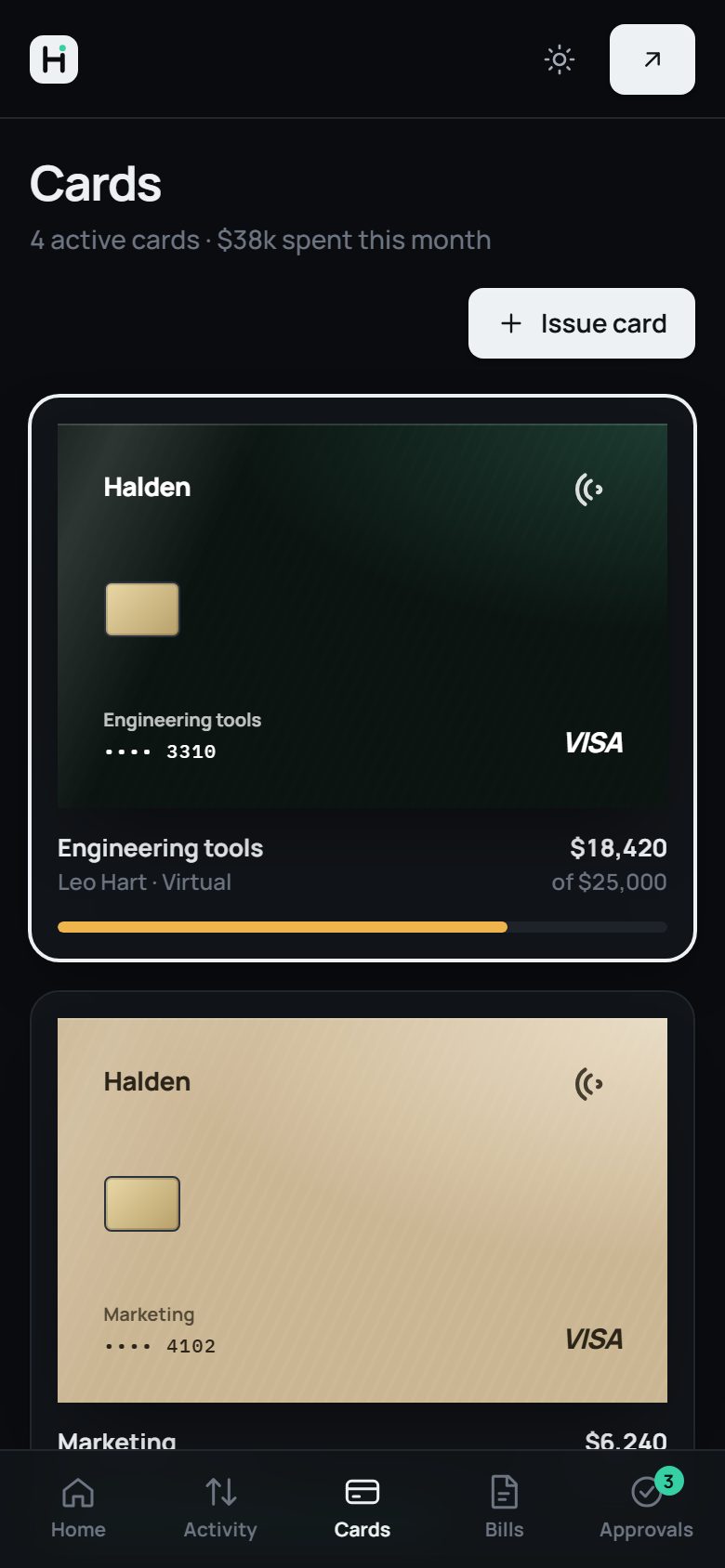 Mobile cards in dark mode
