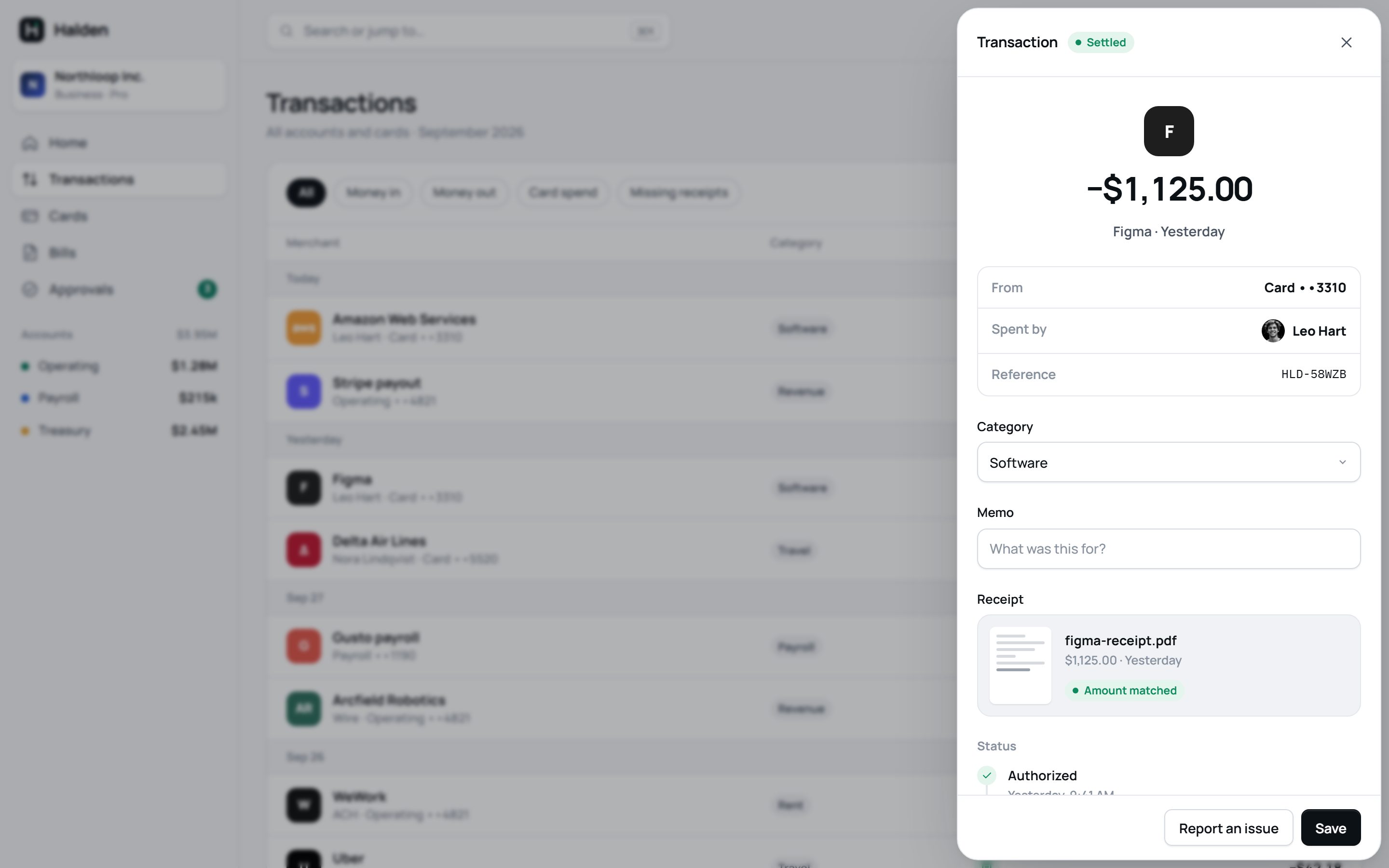 Transaction drawer with receipt matched automatically